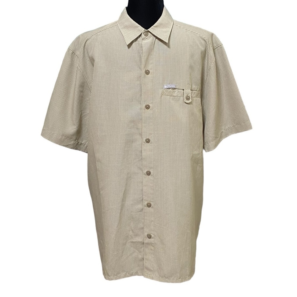 Columbia Green Beige Plaid Outdoor Shirt Size Medium Short Sleeve